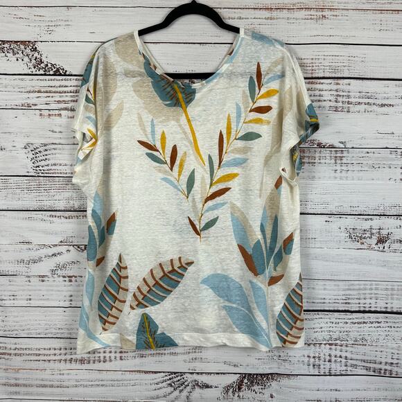 Womens Cynthia Rowley 100% Linen SS Knit Botanical Leaf Print Back Button Top XL - Picture 1 of 6